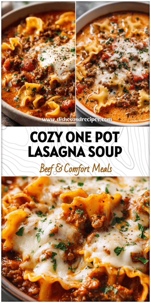 A warm bowl of Easy Lasagna Soup with noodles, beef, marinara broth, and melted cheese topped with herbs.